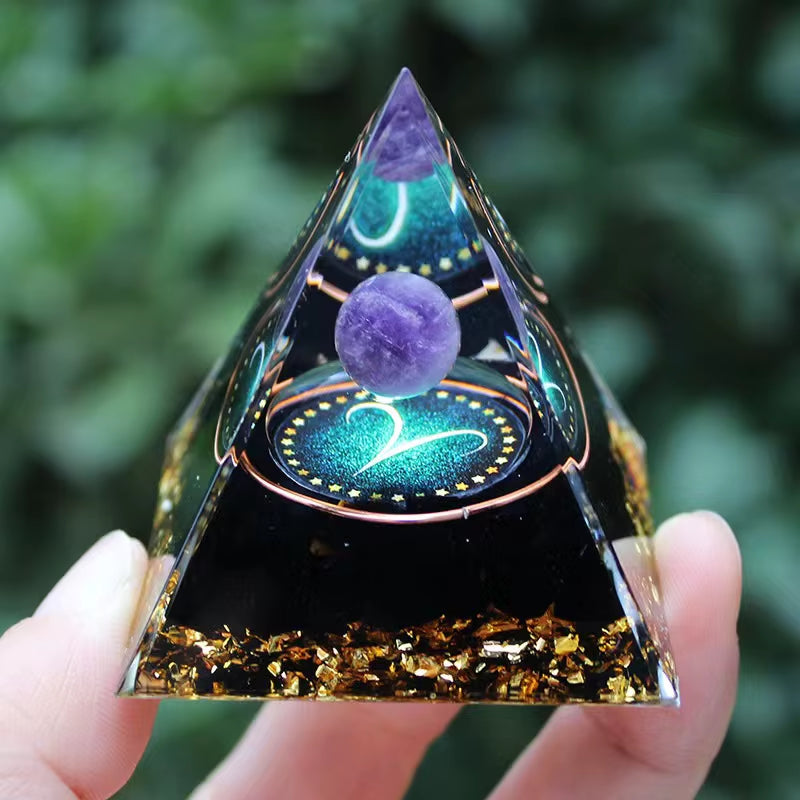 Twelve Zodiac Signs Orgone Pyramid with Amethyst for Home Decoration Unique Gift Idea for Family and Friends