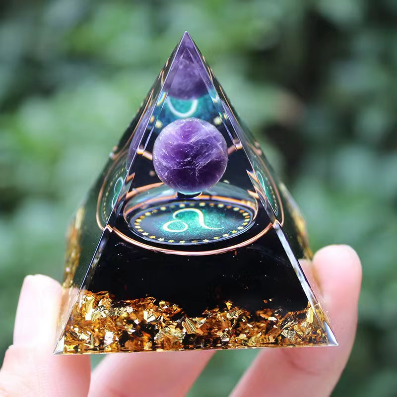 Twelve Zodiac Signs Orgone Pyramid with Amethyst for Home Decoration Unique Gift Idea for Family and Friends