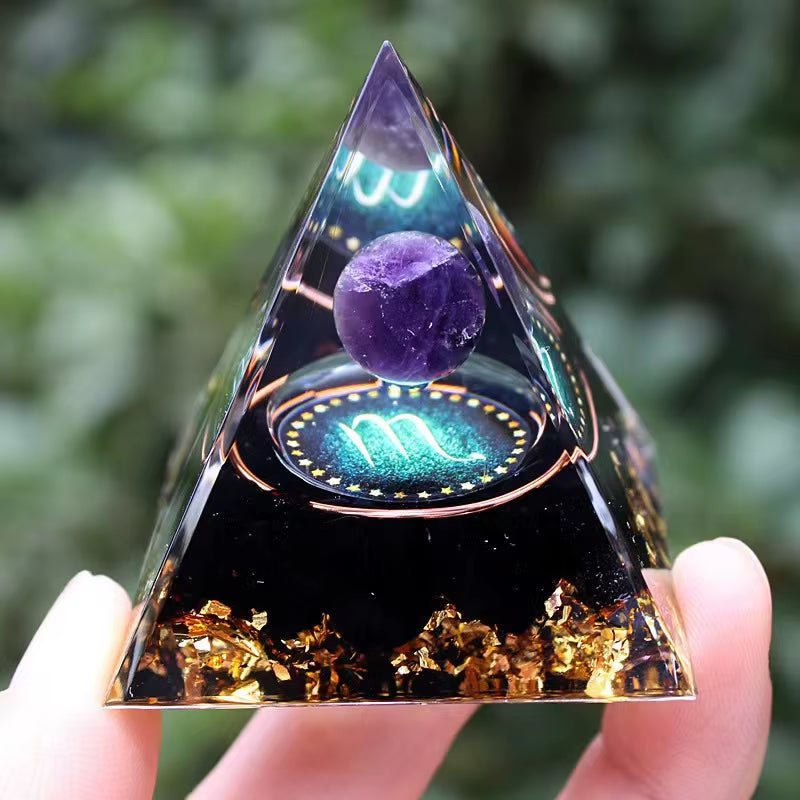 Twelve Zodiac Signs Orgone Pyramid with Amethyst for Home Decoration Unique Gift Idea for Family and Friends