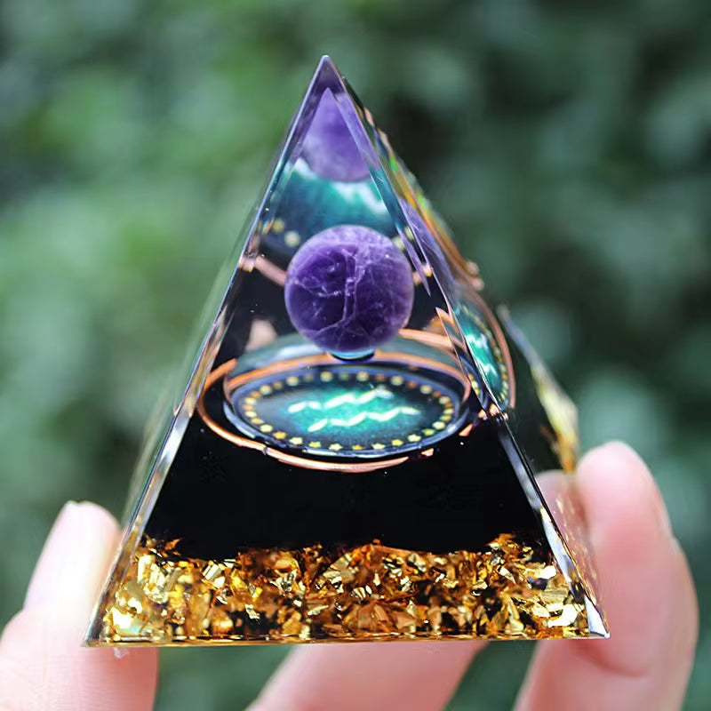 Twelve Zodiac Signs Orgone Pyramid with Amethyst for Home Decoration Unique Gift Idea for Family and Friends