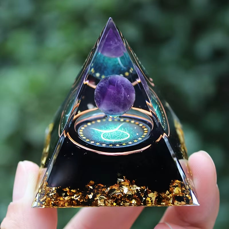 Twelve Zodiac Signs Orgone Pyramid with Amethyst for Home Decoration Unique Gift Idea for Family and Friends