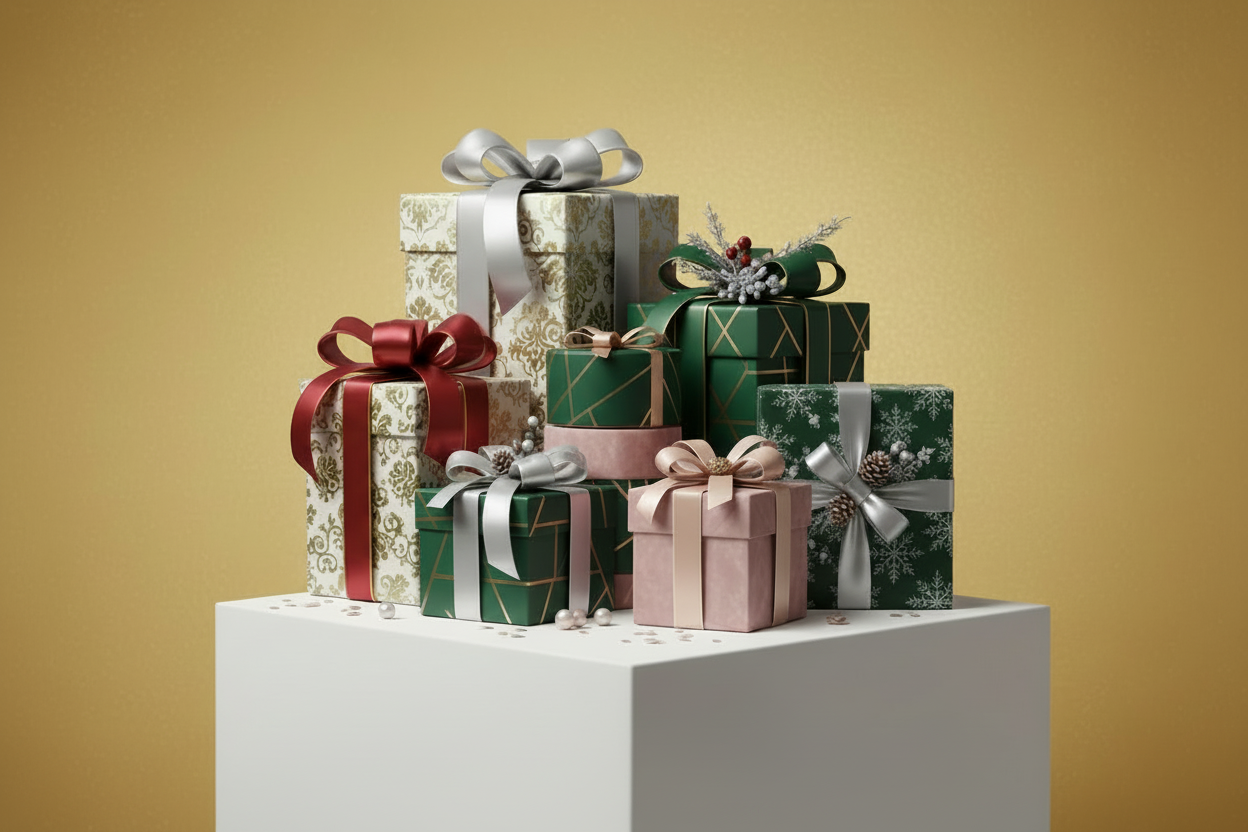 Wrapped presents on gold background without text